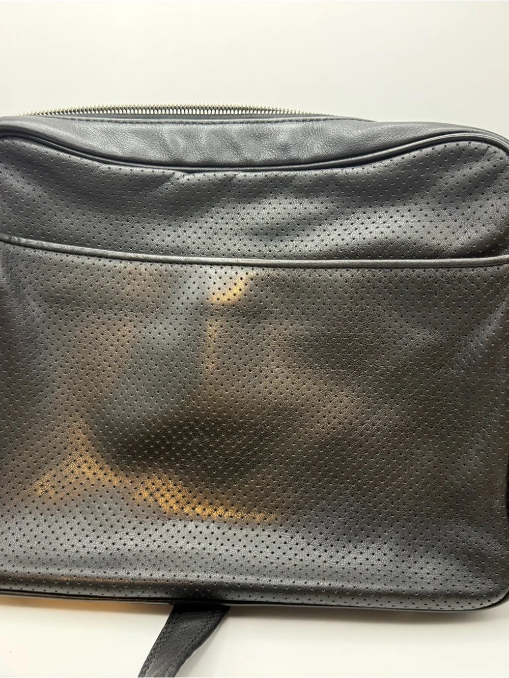 MCM Black Perforated Leather Messenger Bag with Gold Plaque